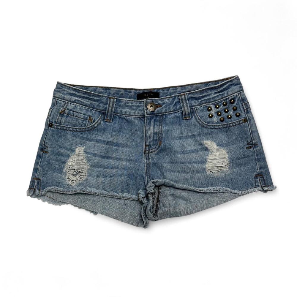 Y2K Blue Denim Low Rise Mini Shorts with Studded Detailing Size: M (30)